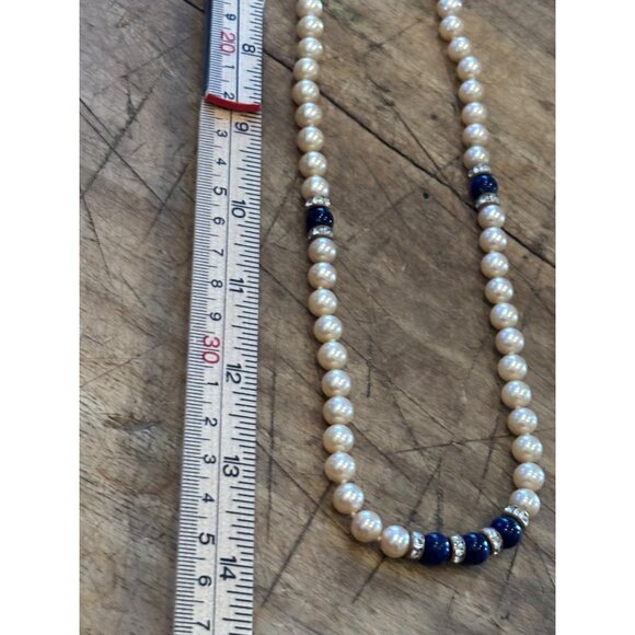 Vintage Pearl & Blue Beaded Necklace With Rhinestone Accents & Decorative Clasp - Picture 8 of 9